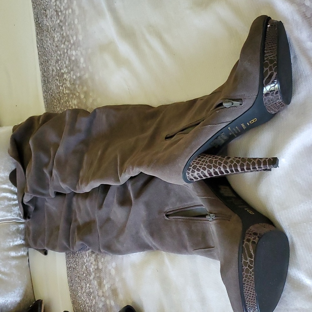 Gray Suede Thigh High Platform Boots